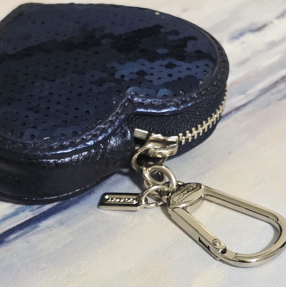 Coach Blue Love Heart Keychain Fob Charm 92748 Poppy Sequins - Picture 9 of 11